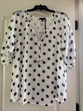 Polka Dot Tie-Neck Peasant Blouse - White/Black
